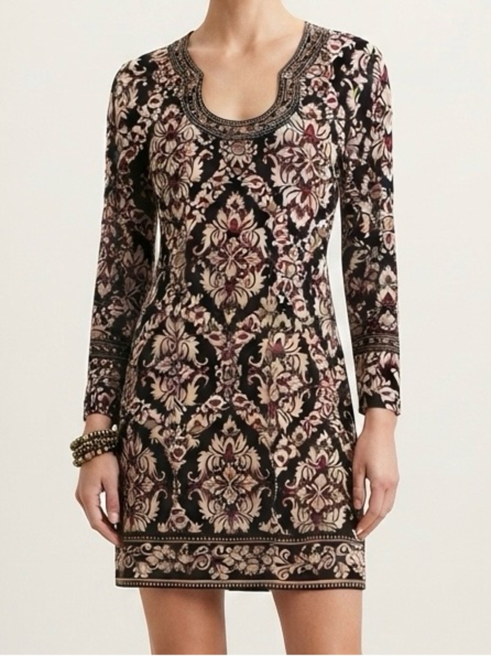 White House Black Market • Cream Burgundy Black Printed Dress Tunic